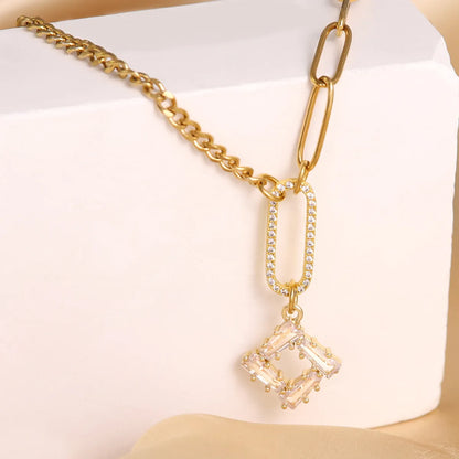 304 Stainless Steel Copper 18K Gold Plated Elegant Romantic Simple Style Plating Inlay Round Square Flower Zircon Double Layer Necklaces Pendant Necklace