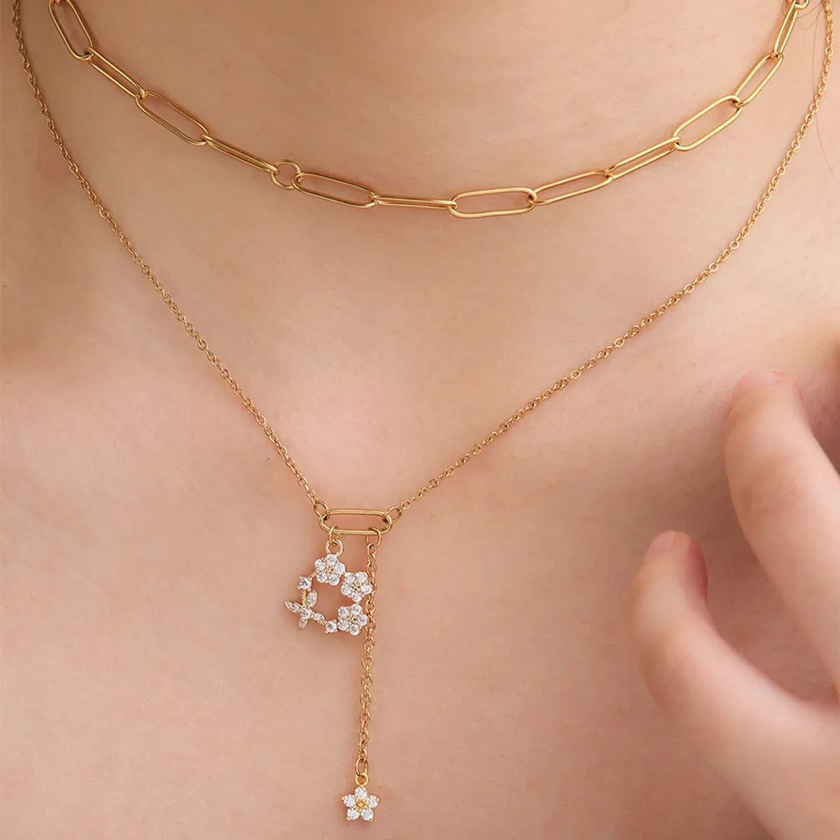 304 Stainless Steel Copper 18K Gold Plated Elegant Romantic Simple Style Plating Inlay Round Square Flower Zircon Double Layer Necklaces Pendant Necklace