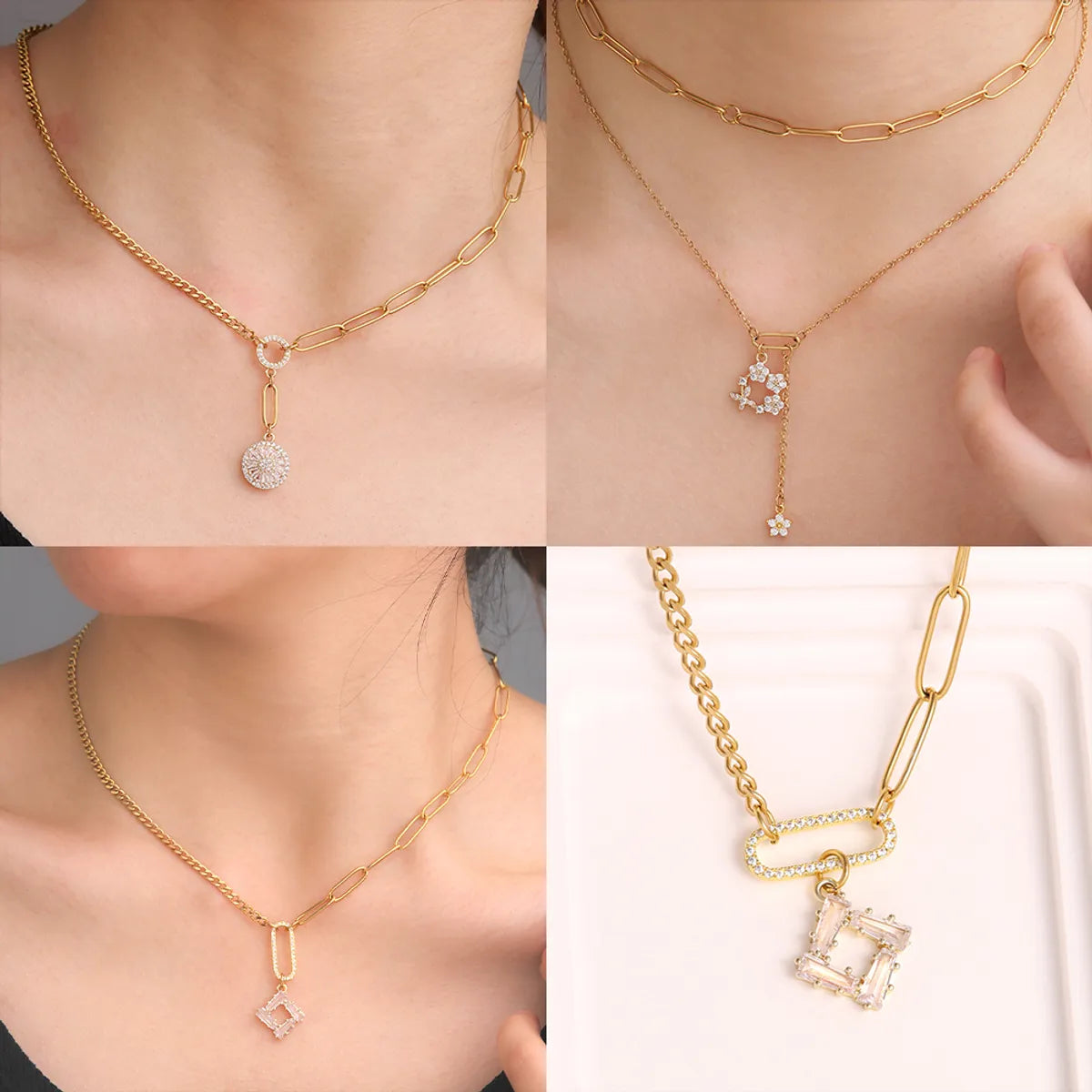 304 Stainless Steel Copper 18K Gold Plated Elegant Romantic Simple Style Plating Inlay Round Square Flower Zircon Double Layer Necklaces Pendant Necklace