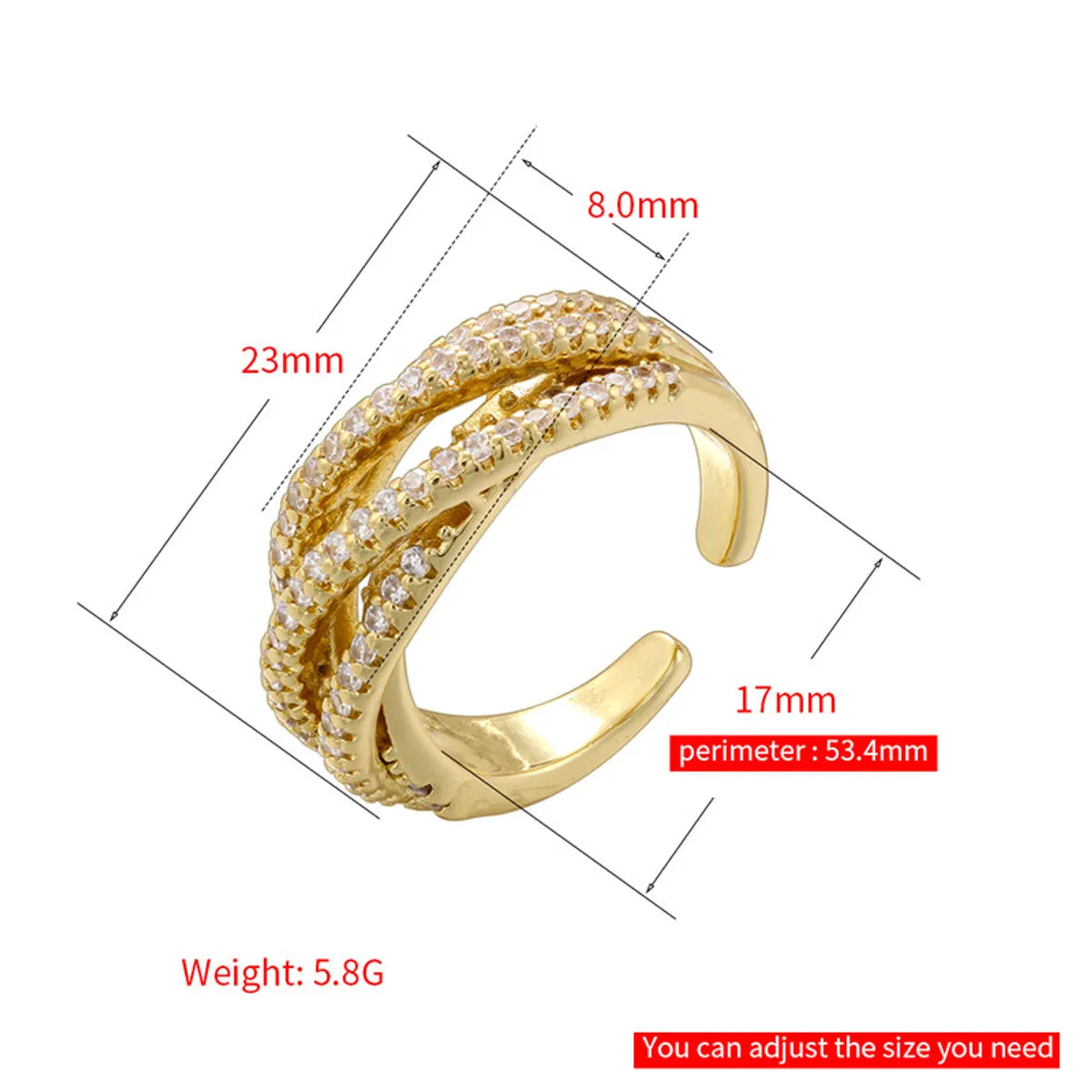 Wholesale Elegant Shiny Geometric Copper 18K Gold Plated Zircon Open Rings