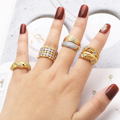 Wholesale Elegant Simple Style Geometric Copper Plating Inlay 18K Gold Plated Zircon Rings