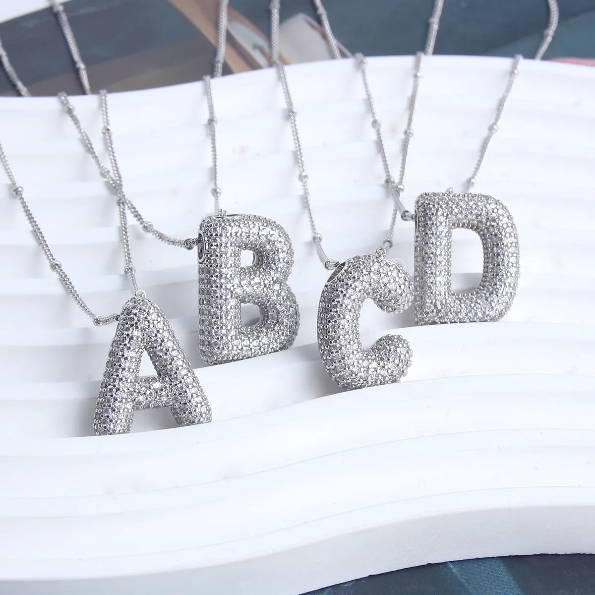 Wholesale Elegant Simple Style Letter 304 Stainless Steel Copper Plating Inlay White Gold Plated Zircon Pendant Necklace