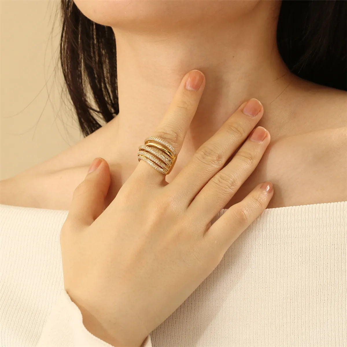 Wholesale Elegant Simple Style Lines Copper Layered Inlay 18K Gold Plated Zircon Open Rings