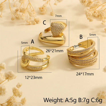 Wholesale Elegant Simple Style Lines Copper Layered Inlay 18K Gold Plated Zircon Open Rings