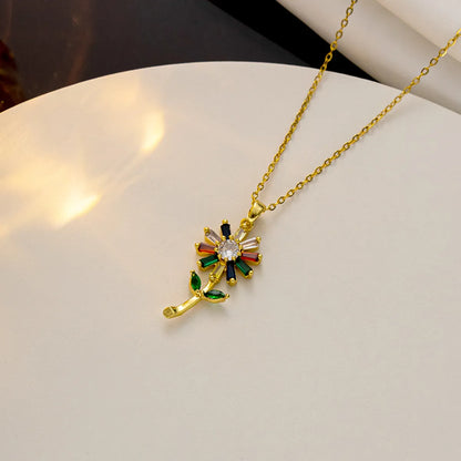 Wholesale Elegant Sunflower Stainless Steel Polishing Plating Inlay 18k Gold Plated Zircon Pendant Necklace