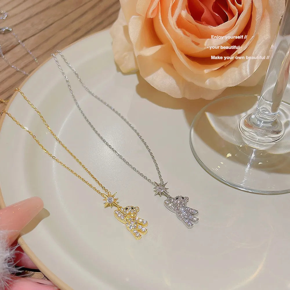 Wholesale Elegant Sweet Little Bear 304 Stainless Steel Copper Inlay Zircon Pendant Necklace