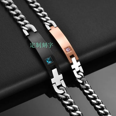 Cross-border E-commerce Ornament Wholesale European And American Hot Titanium Steel Zircon Couple Id Bracelet King Queen Crown Bracelet