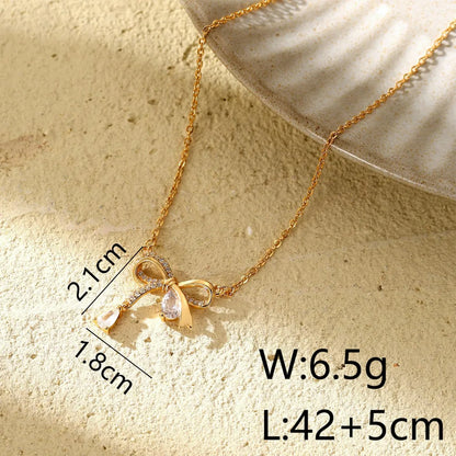 Wholesale Fairy Style Modern Style Classic Style Heart Shape Bow Knot Titanium Steel Copper Inlay 14K Gold Plated Zircon Pendant Necklace