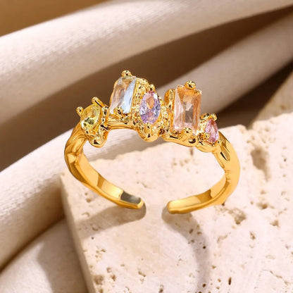 Wholesale Fairy Style Modern Style Colorful Color Block Copper Plating Inlay 18K Gold Plated Zircon Open Rings