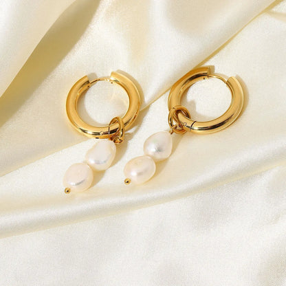 Wholesale Fashion 18k Gold-plated Double Freshwater Pearl Pendant Earrings Gooddiy