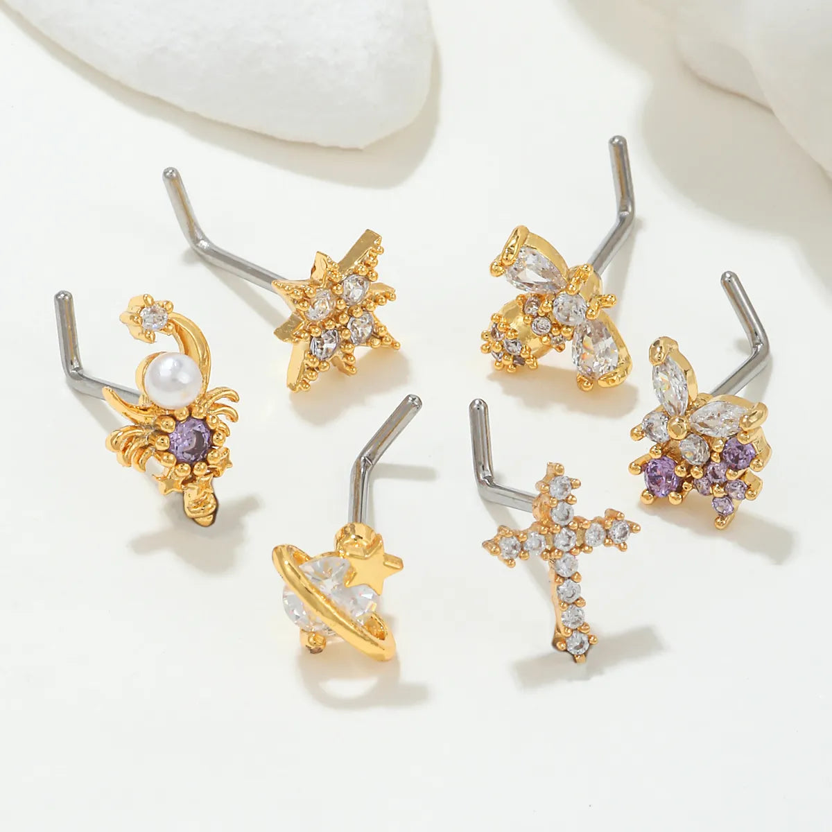 Wholesale Fashion Hexagram Cross Scorpion Copper 18k Gold Plated Pearl Zircon Nose Studs