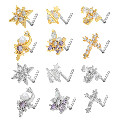 Wholesale Fashion Hexagram Cross Scorpion Copper 18k Gold Plated Pearl Zircon Nose Studs