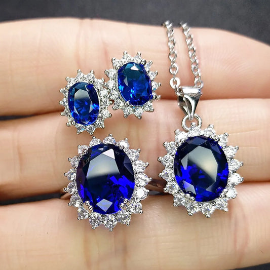 Wholesale Fashion Imitation Blue Crystal Sapphire Sunflower Jewelry Set