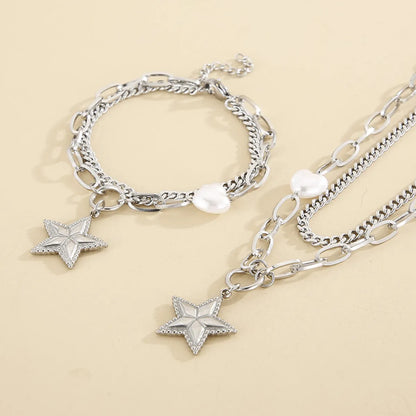 Wholesale Fashion Stainless Steel Star-shaped Double-layer Necklace Bracelet Suit Gooddiy