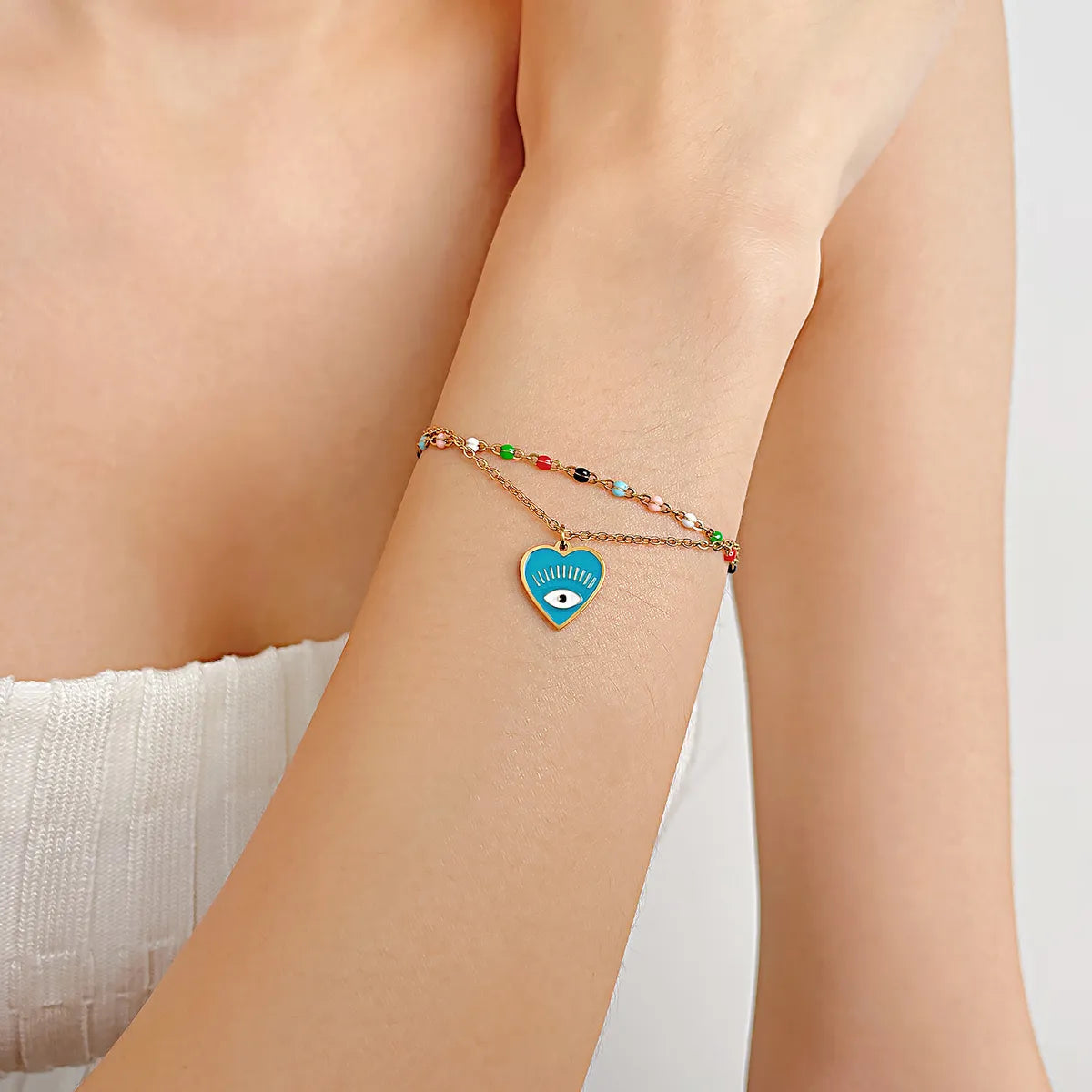 Wholesale French Style Devil's Eye Heart Shape Stainless Steel Enamel Bracelets