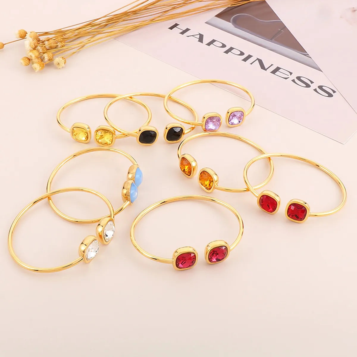 Wholesale Glam Square Stainless Steel 18k Gold Plated Glass Stone Bangle