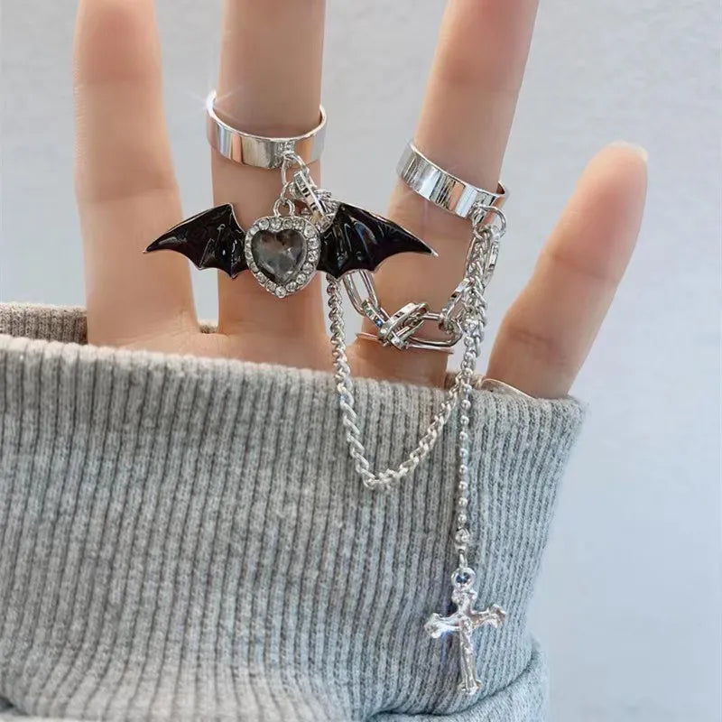 Wholesale Gothic Cool Style Cross Heart Shape Wings Copper Enamel Plating Inlay Rhinestones Open Rings