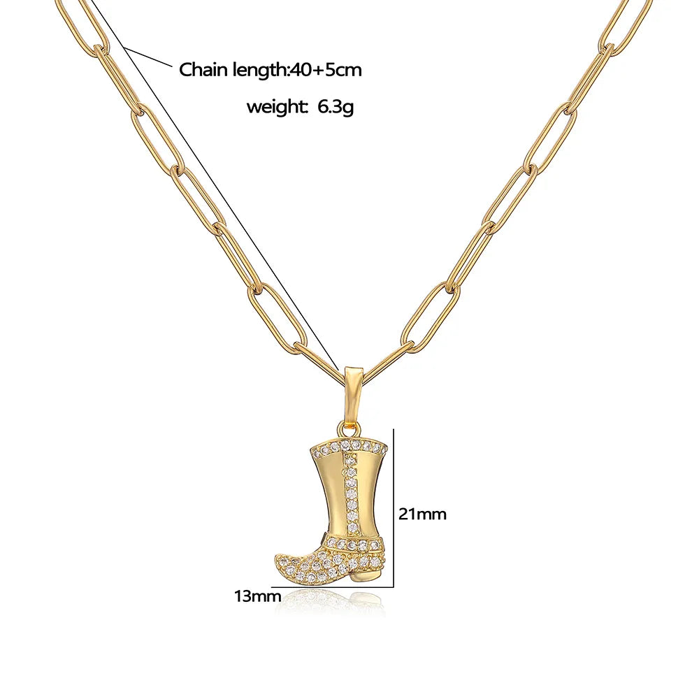 Copper 18K Gold Plated Hip-Hop Cowboy Style Cool Style Plating Inlay Boots Zircon Pendant Necklace