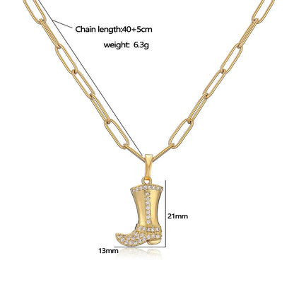 Copper 18K Gold Plated Hip-Hop Cowboy Style Cool Style Plating Inlay Boots Zircon Pendant Necklace