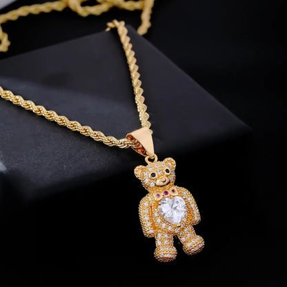 Wholesale Hip-hop Little Bear Stainless Steel Titanium Steel Plating Inlay Gold Plated Zircon Pendant Necklace