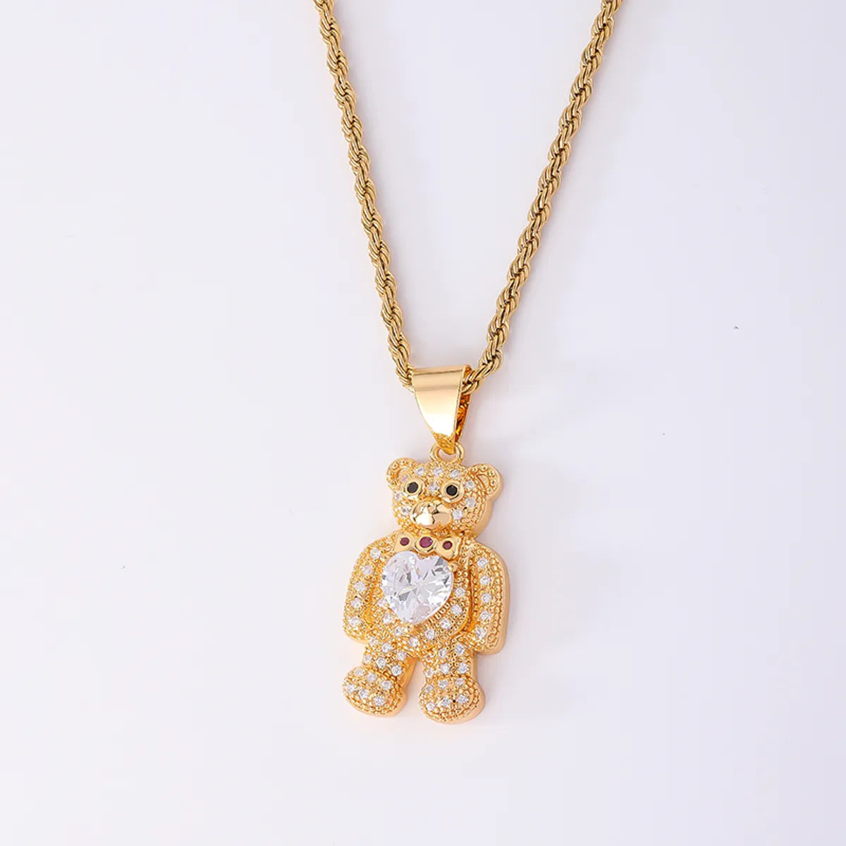 Wholesale Hip-hop Little Bear Stainless Steel Titanium Steel Plating Inlay Gold Plated Zircon Pendant Necklace