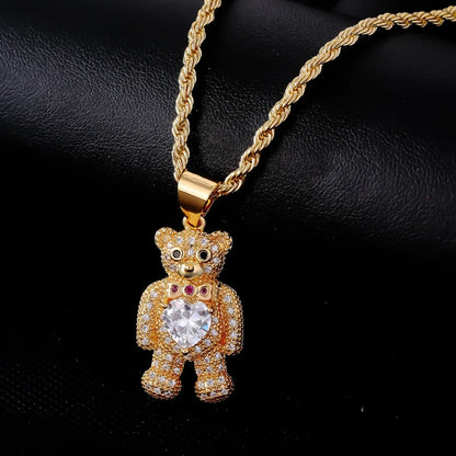 Wholesale Hip-hop Little Bear Stainless Steel Titanium Steel Plating Inlay Gold Plated Zircon Pendant Necklace