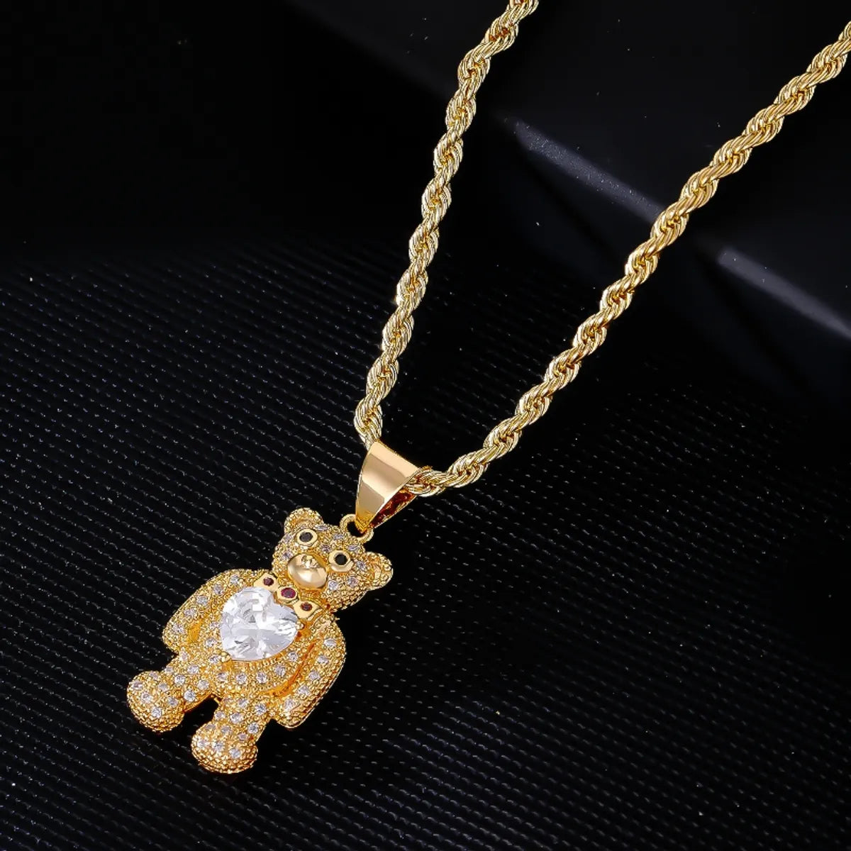 Wholesale Hip-hop Little Bear Stainless Steel Titanium Steel Plating Inlay Gold Plated Zircon Pendant Necklace