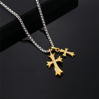 Wholesale Hip-Hop Luxurious Rock Cross 304 Stainless Steel Copper Plating K Gold Plated Pendant Necklace