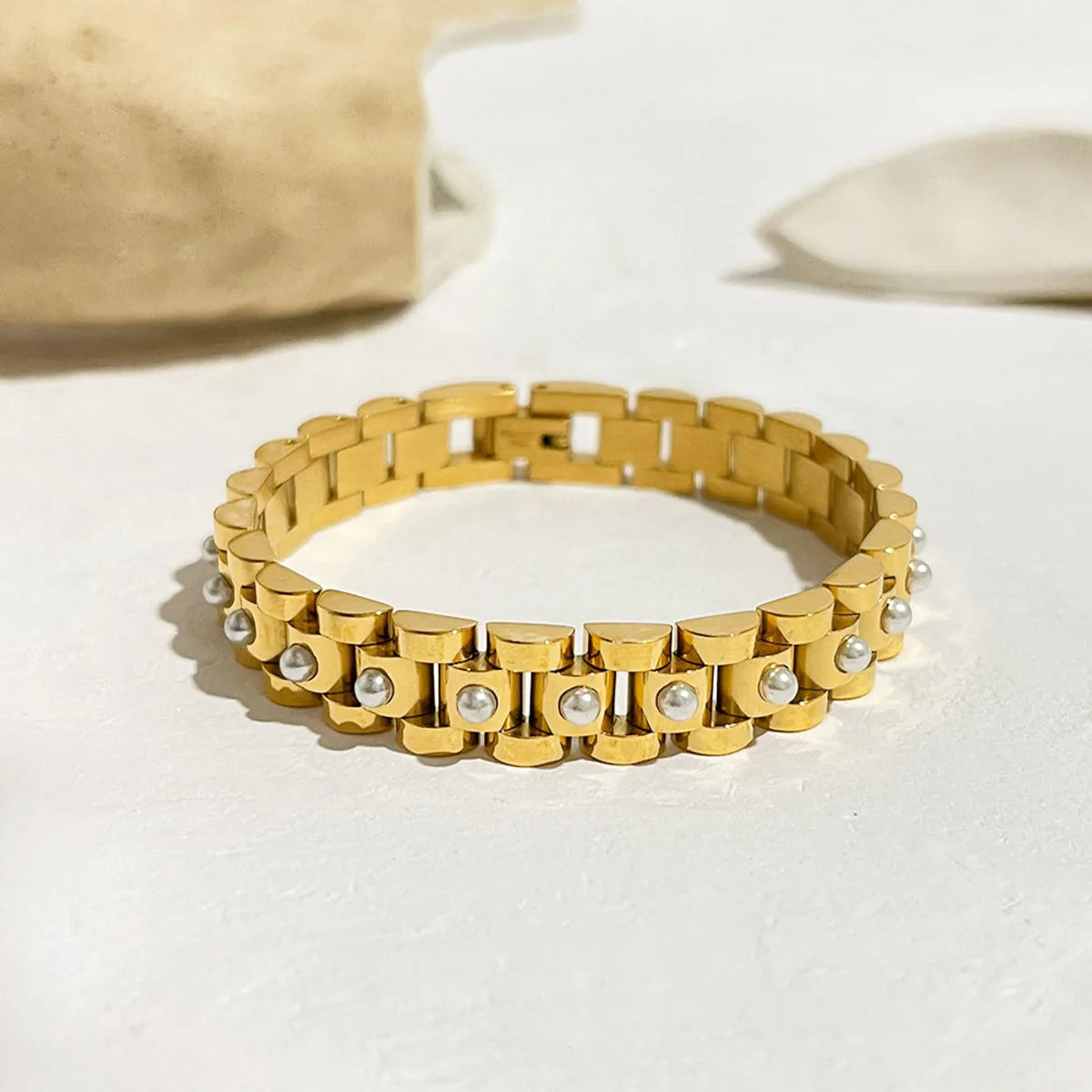 Wholesale Hip-hop Retro Simple Style Geometric Stainless Steel Plating Inlay 18k Gold Plated Artificial Pearls Bracelets