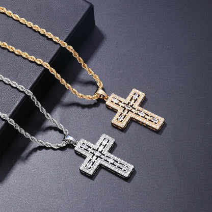 Wholesale Hip-hop Vintage Style Cross Stainless Steel Titanium Steel Plating Inlay Gold Plated Zircon Pendant Necklace