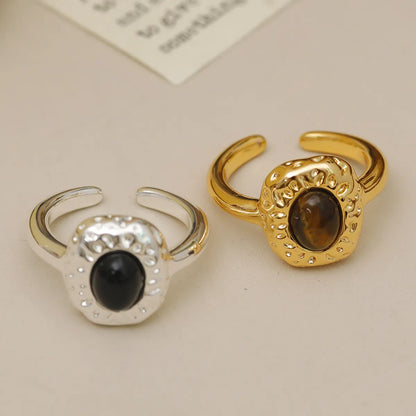 Wholesale IG Style Baroque Style Oval Copper Laser Inlay 18K Gold Plated Tiger Eye Open Rings