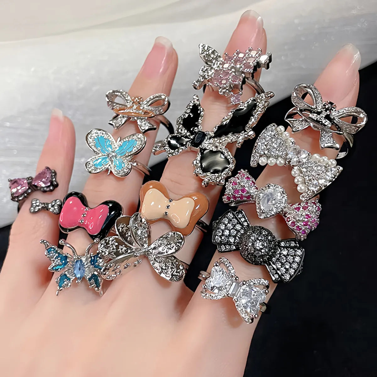 Wholesale IG Style Bow Knot Copper Plating Inlay Artificial Pearls Rhinestones Open Rings