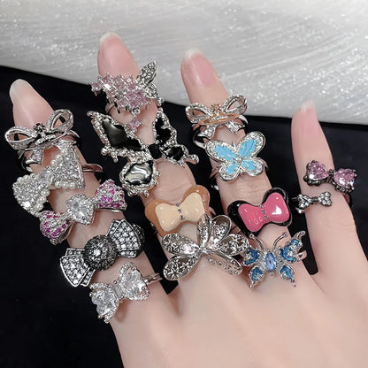 Wholesale IG Style Bow Knot Copper Plating Inlay Artificial Pearls Rhinestones Open Rings