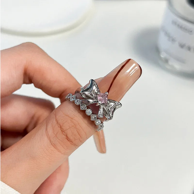 Wholesale IG Style Bow Knot Copper Plating Inlay Zircon Open Rings