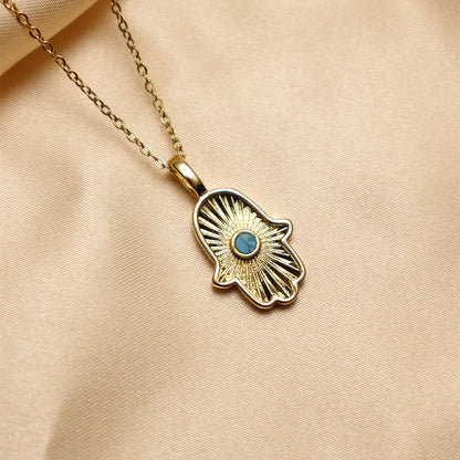 Wholesale IG Style Classic Style Triangle Palm Eye Copper Inlay 18K Gold Plated Natural Stone Zircon Pendant Necklace