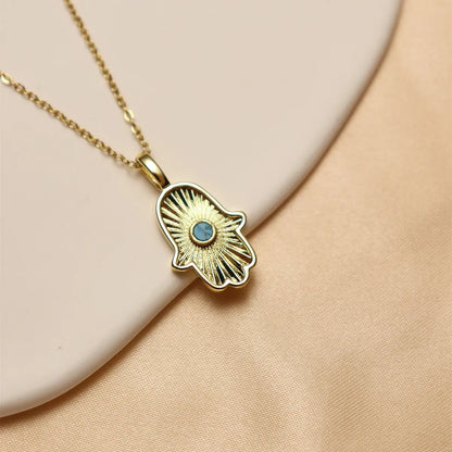 Wholesale IG Style Classic Style Triangle Palm Eye Copper Inlay 18K Gold Plated Natural Stone Zircon Pendant Necklace