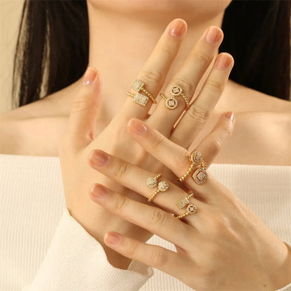 Wholesale IG Style Modern Style Round Square Copper Layered Inlay 18K Gold Plated Zircon Open Rings