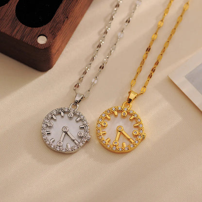 Wholesale IG Style Shiny Clock Titanium Steel Copper Inlay 18K Gold Plated Zircon Pendant Necklace