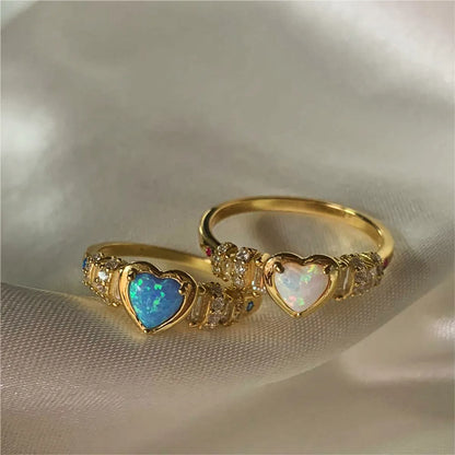 Wholesale IG Style Simple Style Heart Shape Copper Inlay 18K Gold Plated Opal Zircon Rings