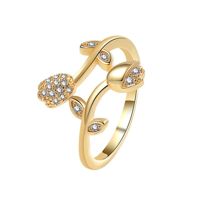 Wholesale IG Style Sweet Flower Copper Inlay 14K Gold Plated Zircon Open Rings