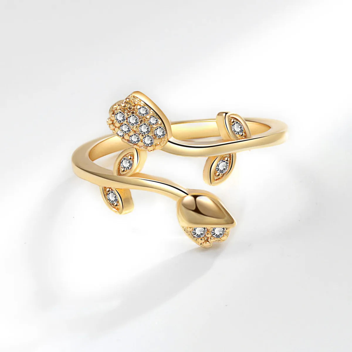 Wholesale IG Style Sweet Flower Copper Inlay 14K Gold Plated Zircon Open Rings