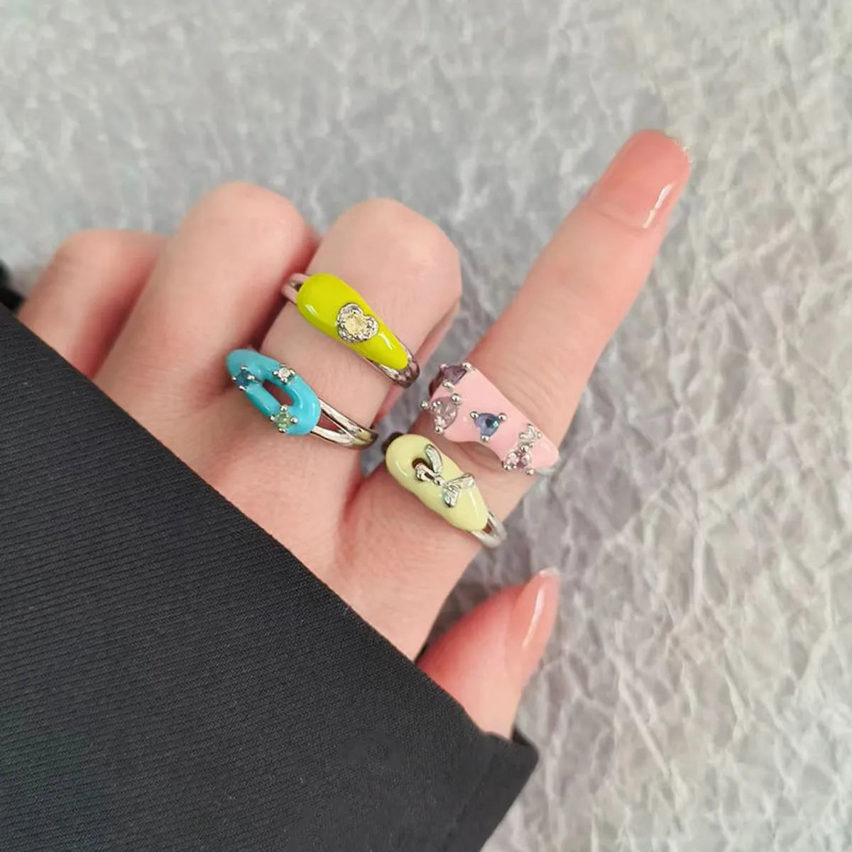 Wholesale IG Style Sweet Geometric Bow Knot Copper Enamel Plating Inlay Zircon Open Rings