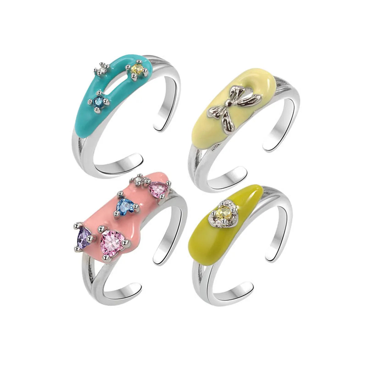 Wholesale IG Style Sweet Geometric Bow Knot Copper Enamel Plating Inlay Zircon Open Rings