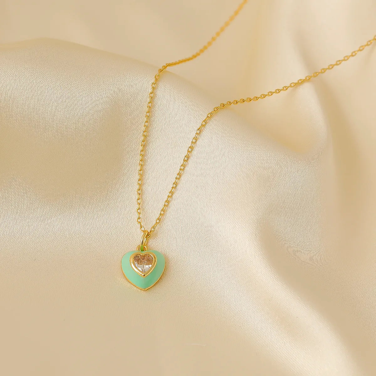 Wholesale IG Style Y2K Vacation Heart Shape Copper Enamel Inlay 18K Gold Plated Zircon Pendant Necklace