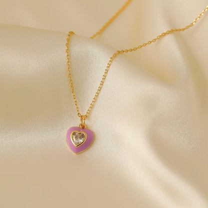 Wholesale IG Style Y2K Vacation Heart Shape Copper Enamel Inlay 18K Gold Plated Zircon Pendant Necklace