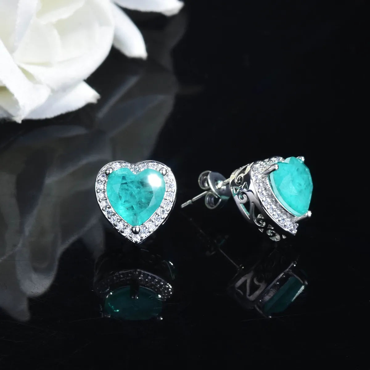 Wholesale Imitation Natural Paraiba Set Heart-shaped Ring Pendant Necklace Earrings Set