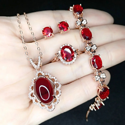 Wholesale Imitation Pigeon Blood Ruby Rose Gold Plated Garnet Jewelry Four-Piece Set