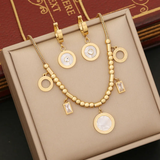 Wholesale Ins Style Round Square Stainless Steel Zircon Bracelets Earrings Necklace