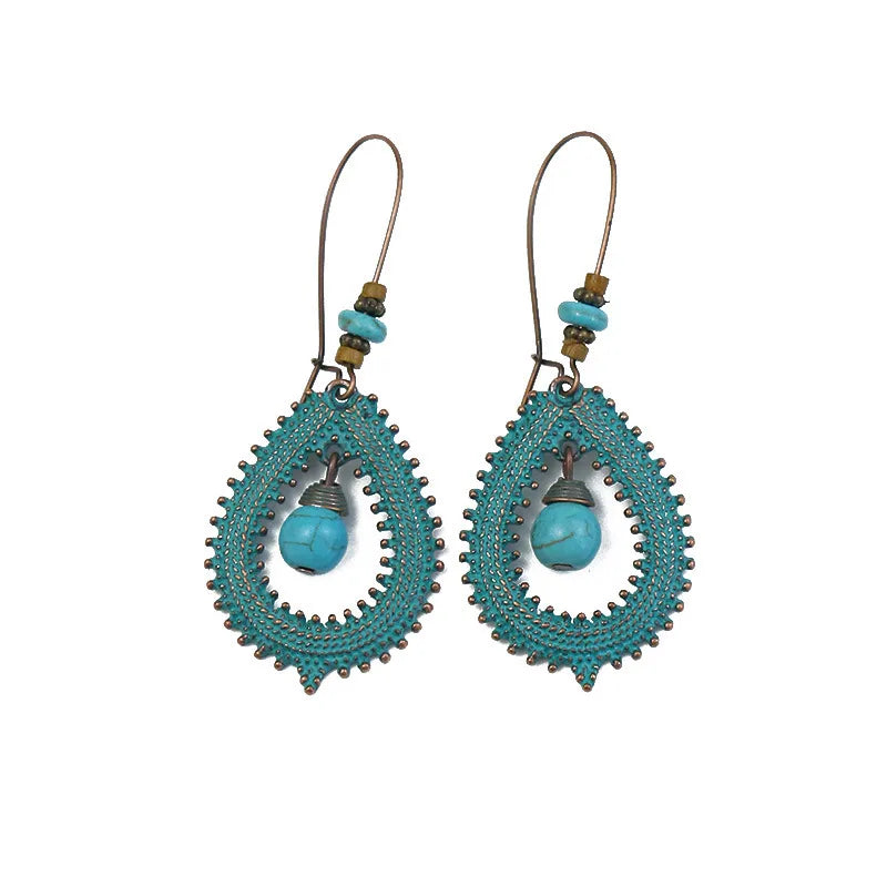 Wholesale Jewelry 1 Pair Bohemian Leaf Round Sun Alloy Turquoise Drop Earrings