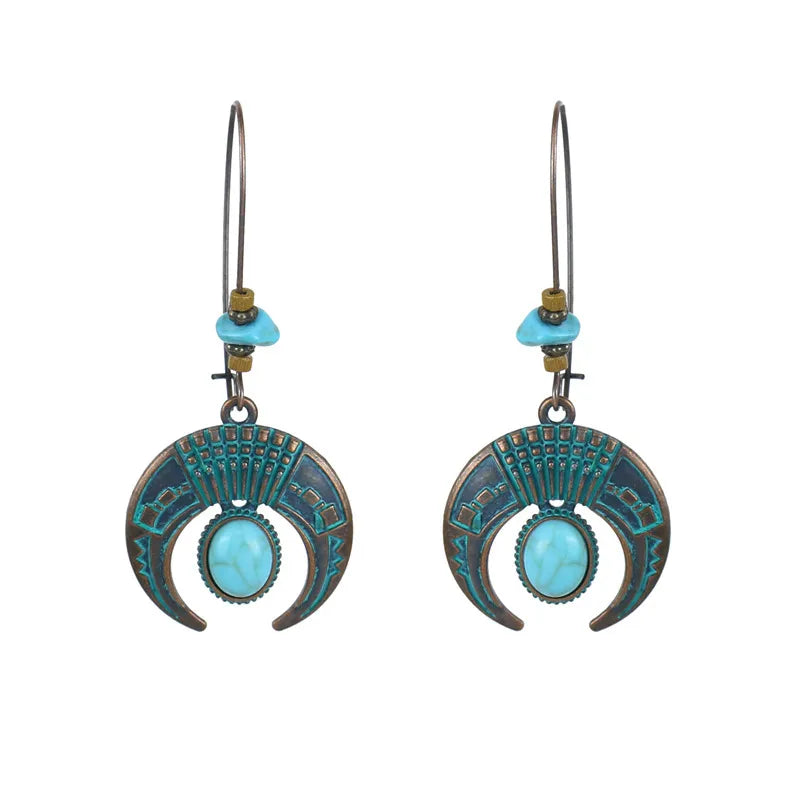 Wholesale Jewelry 1 Pair Bohemian Leaf Round Sun Alloy Turquoise Drop Earrings